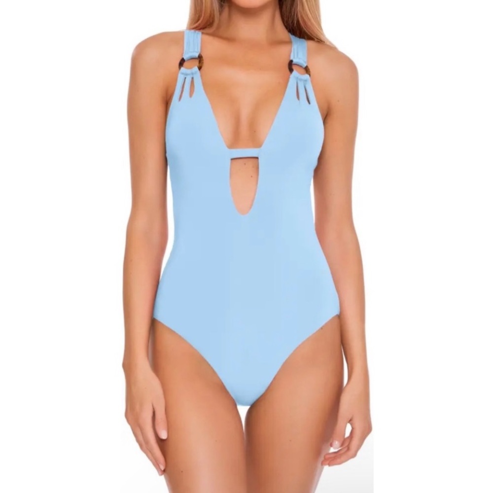 BECCA Light Blue One-Piece Swimsuit with Deep V and Ring Straps